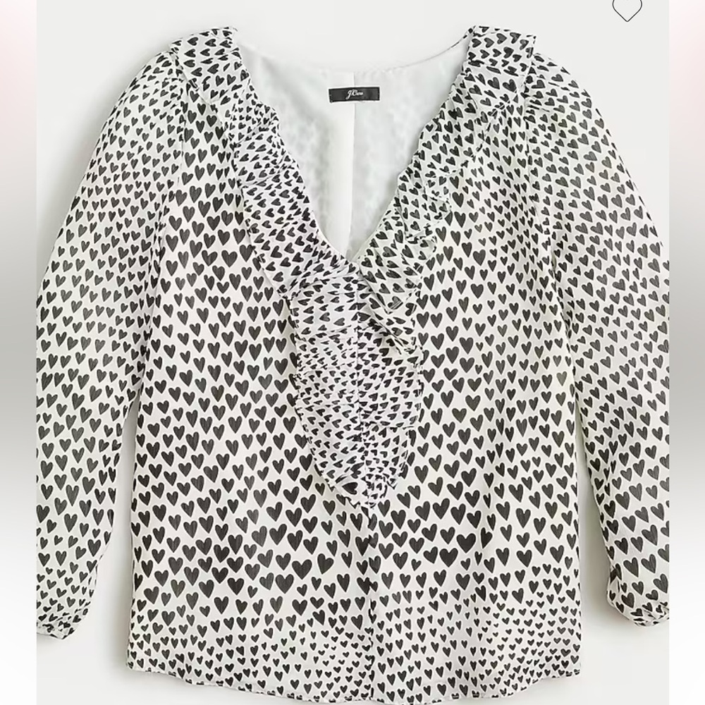 J Crew NEW Ruffle Trim V-Neck Heart Print Blouse Size Small